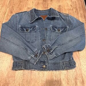 BBJ Los Angeles Denim Jacket Womens Size‎ M Blue Cropped Raw Hem Quilted Collar